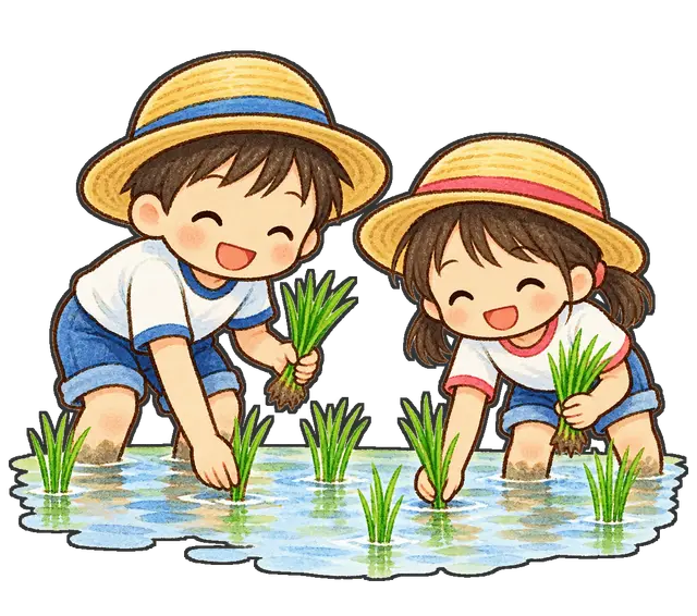 田植えをする児童の枠付き版