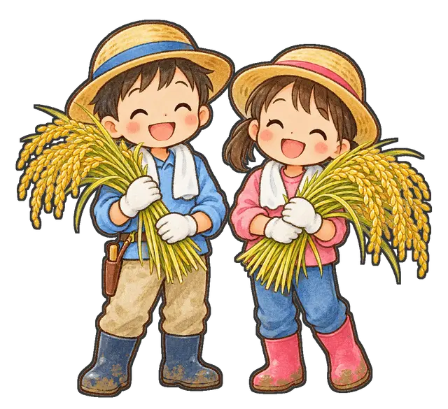 稲刈りをする児童の枠付き版