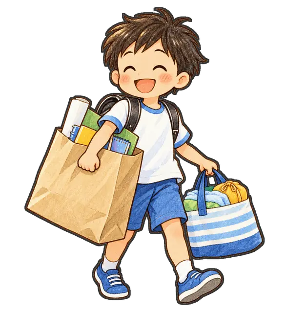 夏休み前の荷物を持ち帰る児童の枠付き版