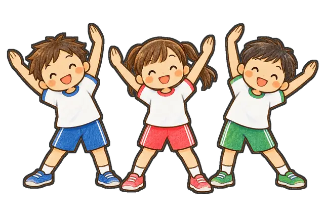 ラジオ体操をする児童の枠付き版