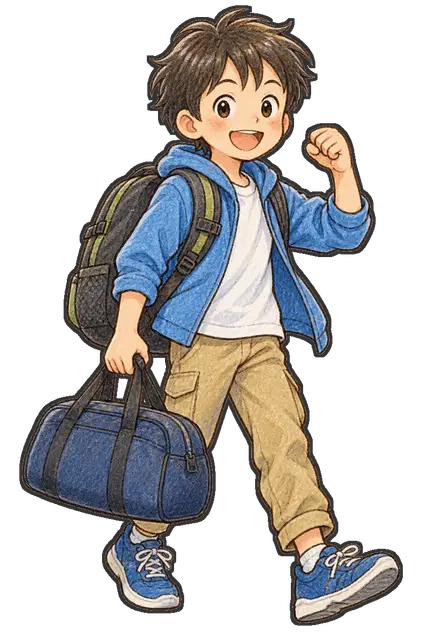 修学旅行へ出発する高学年の枠付き版