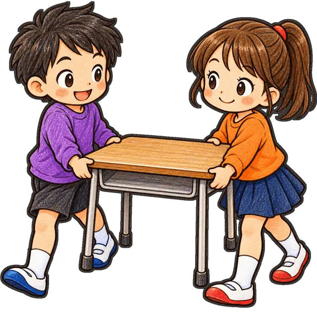 机を運ぶ児童二人の枠付き版