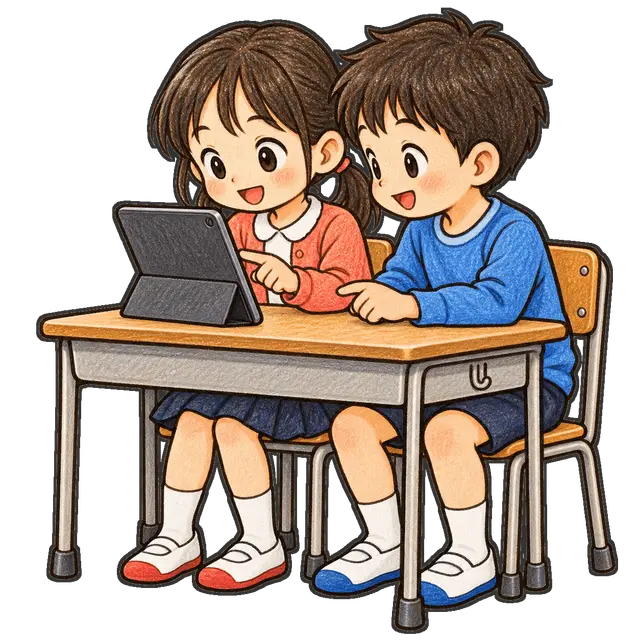 タブレットを見せ合う二人の枠付き版