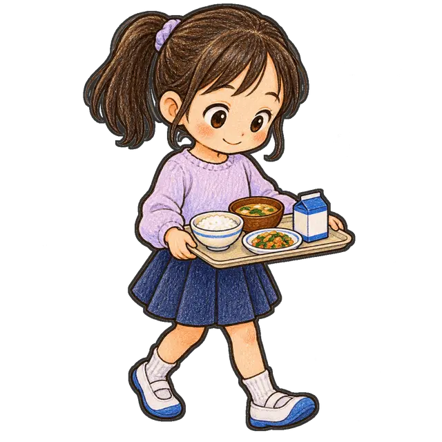 給食のトレーを運ぶ児童の枠付き版
