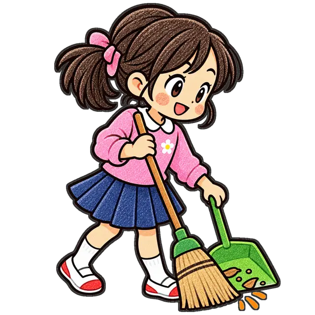 ほうきで掃除する児童の枠付き版