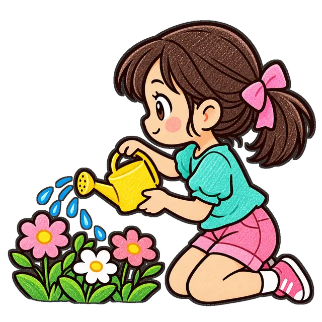 花に水やりをする児童の枠付き版