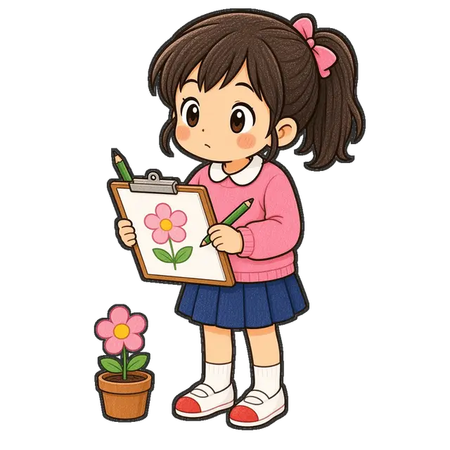 植物をスケッチする女の子の枠付き版