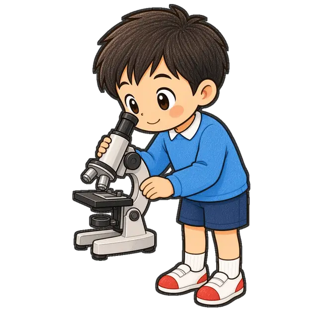 顕微鏡をのぞく男の子の枠付き版
