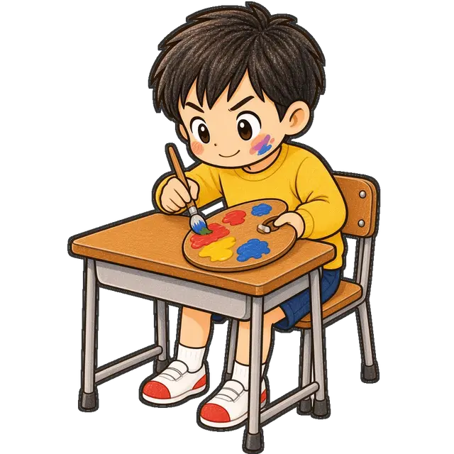 絵の具を混ぜる男の子の枠付き版