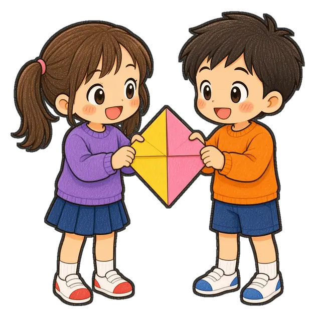 折り紙を折る児童二人の枠付き版