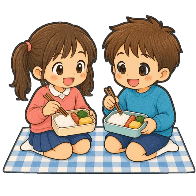 遠足でお弁当を広げる児童二人の枠付き版