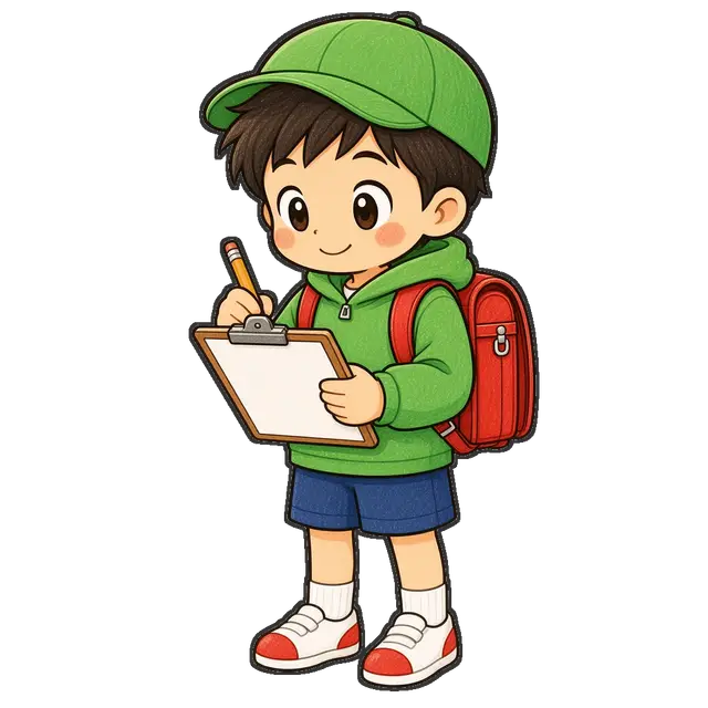 校外学習でメモを取る男の子の枠付き版