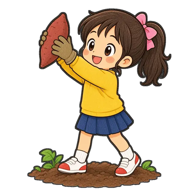 さつまいも掘りをする女の子の枠付き版
