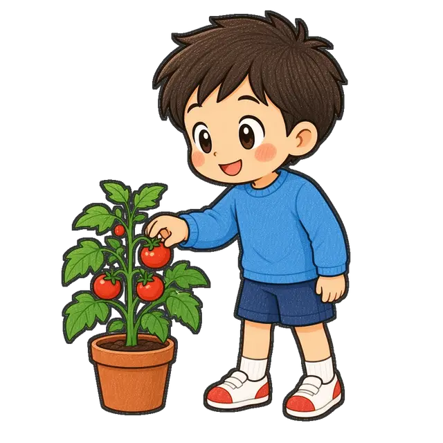野菜を収穫する男の子の枠付き版