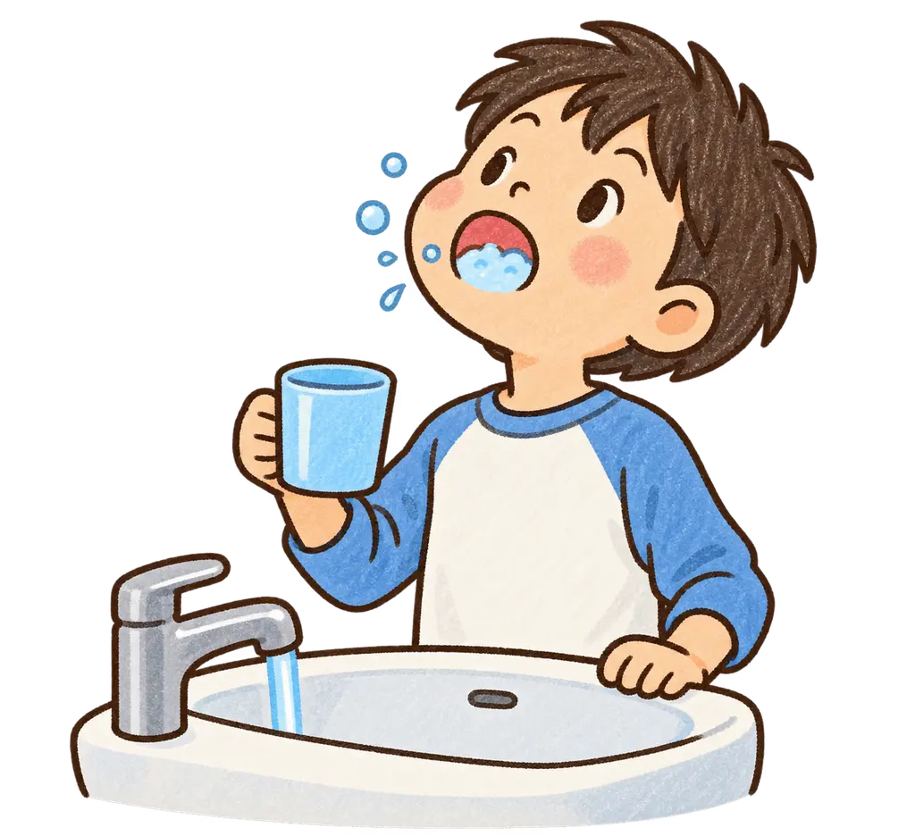 水彩のうがいをする児童。学校だより向けフリー素材