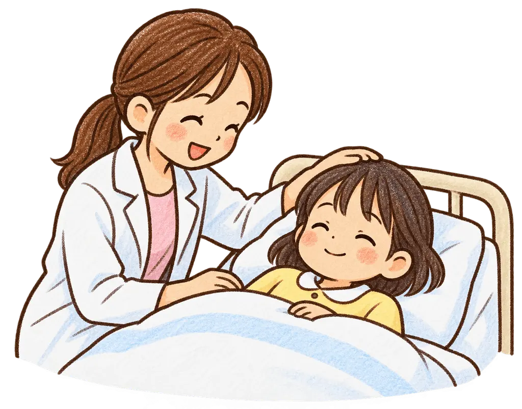 水彩の保健室で休む児童。学校だより向けフリー素材