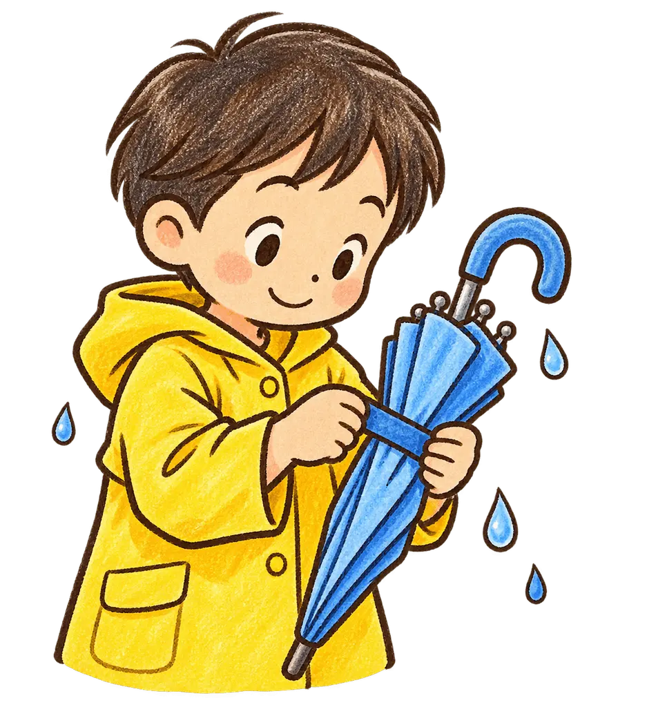 水彩の傘をさす児童。学校だより向けフリー素材