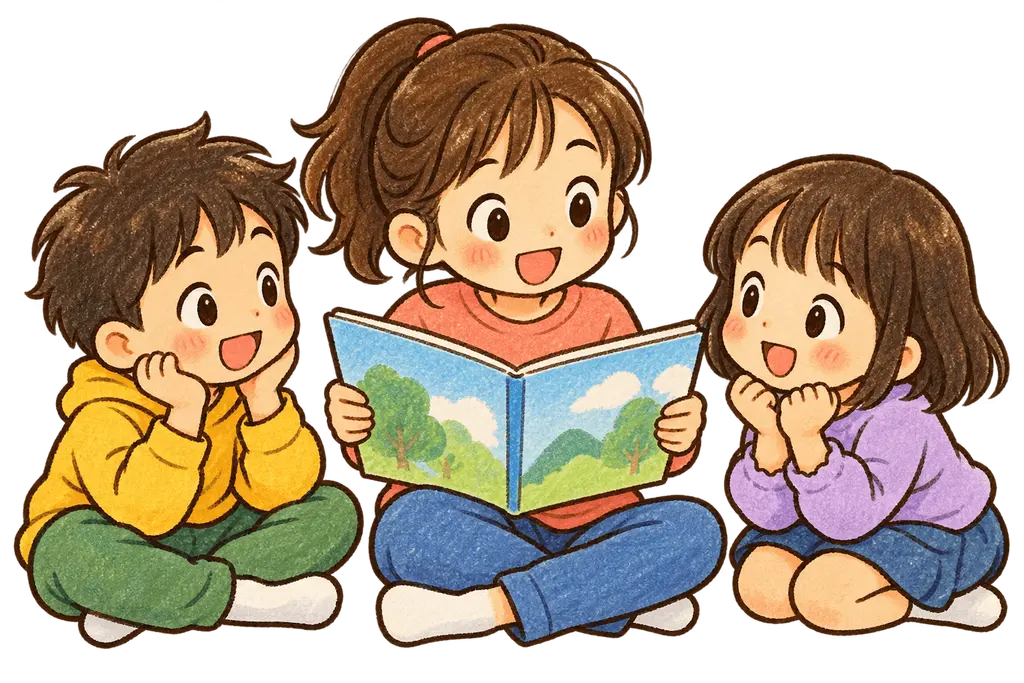 水彩の話を聞く児童。学校だより向けフリー素材