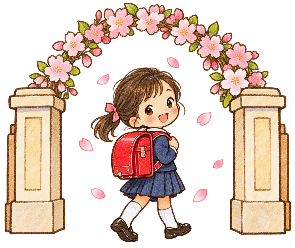 水彩の入学式で校門へ向かう新一年生。学校だより向けフリー素材