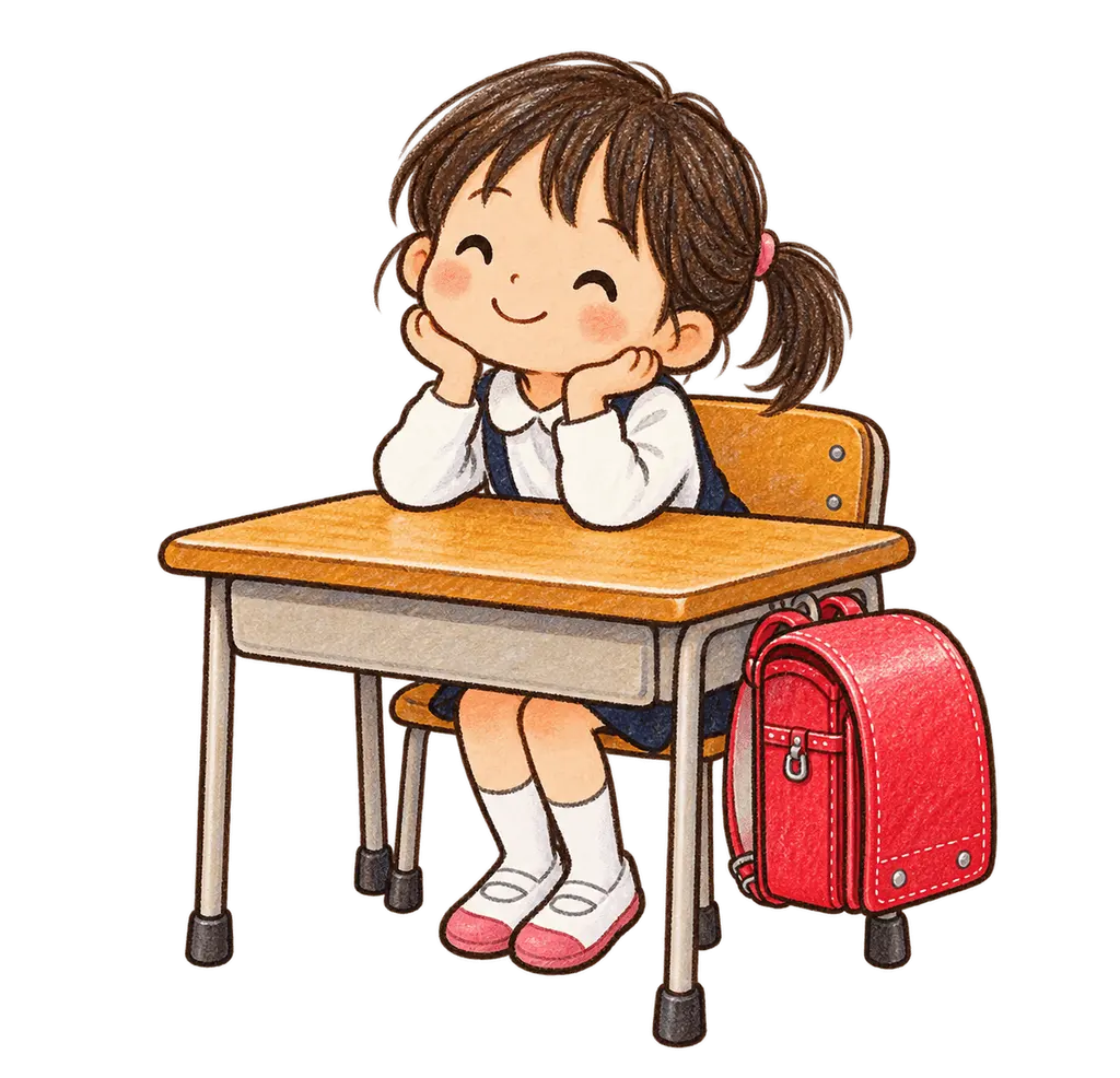 水彩の新しい席に座る新一年生。学校だより向けフリー素材