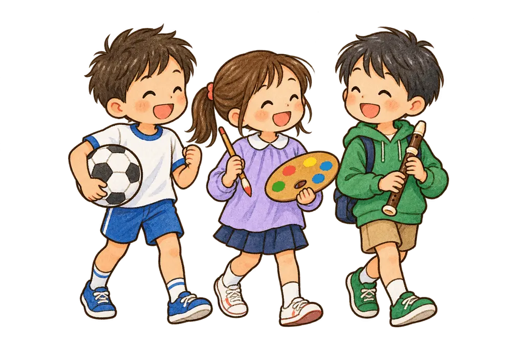 水彩のクラブ活動の集合。学校だより向けフリー素材