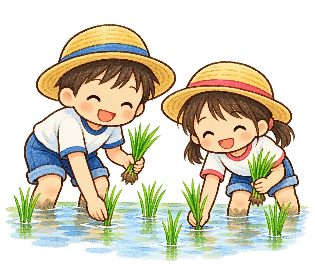 水彩の田植えをする児童。学校だより向けフリー素材
