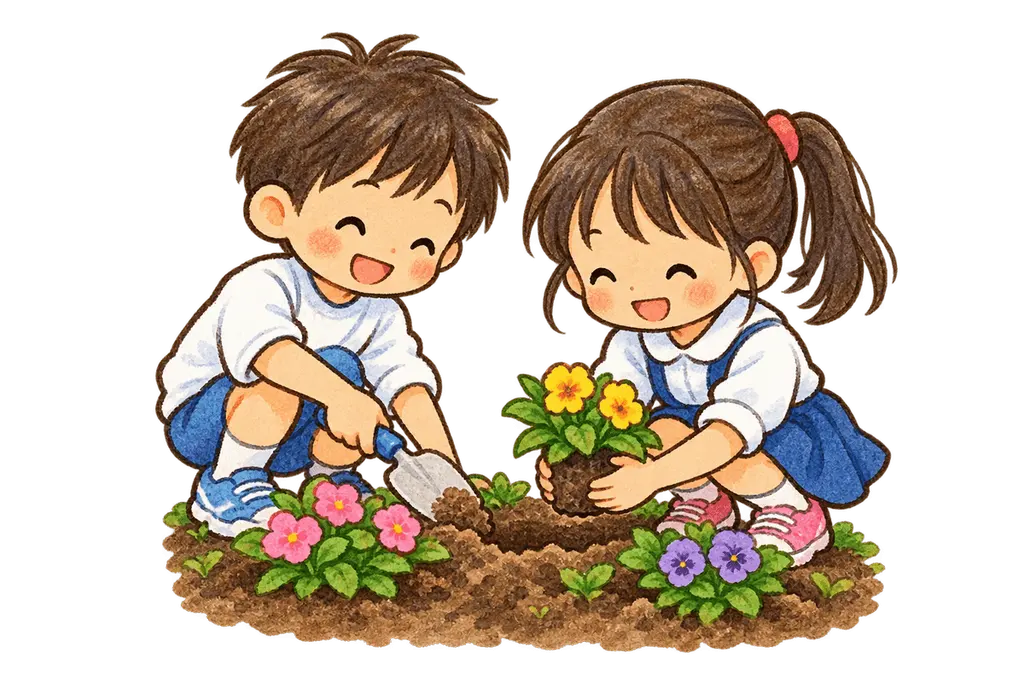 水彩の花壇の苗植え。学校だより向けフリー素材