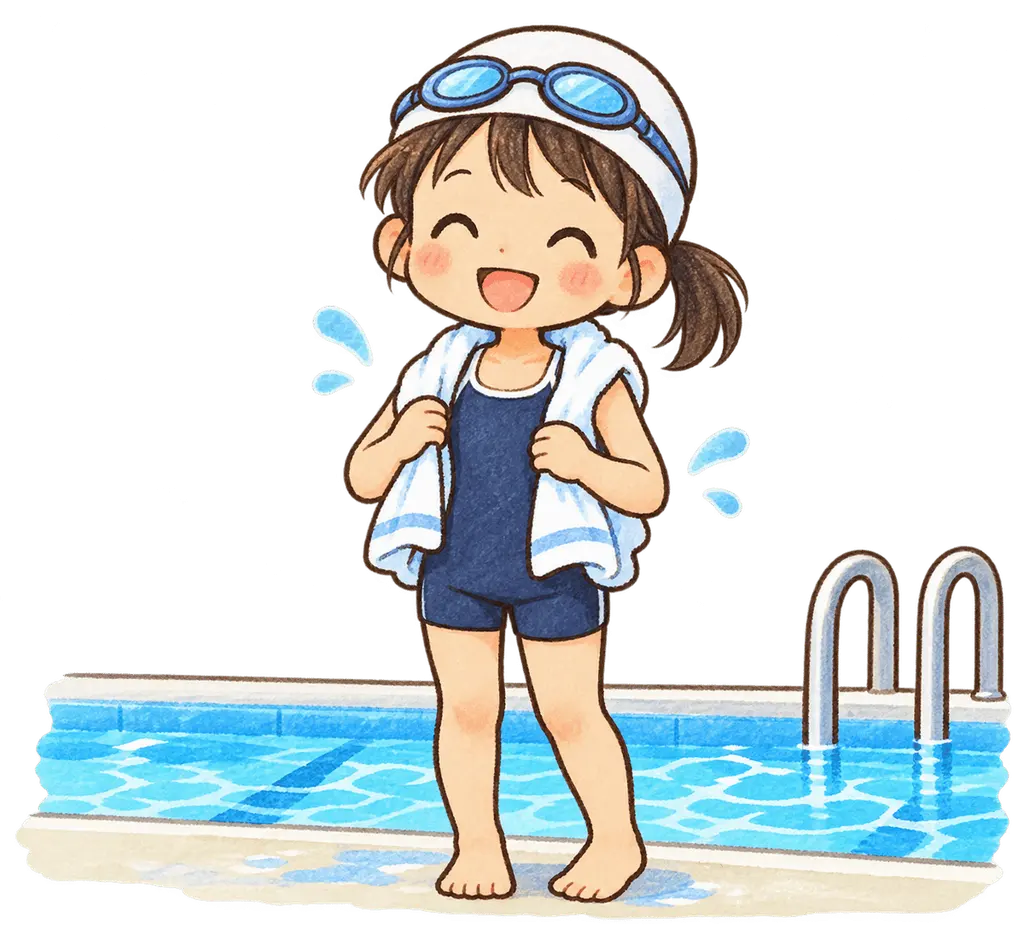 水彩のプール開きの児童。学校だより向けフリー素材
