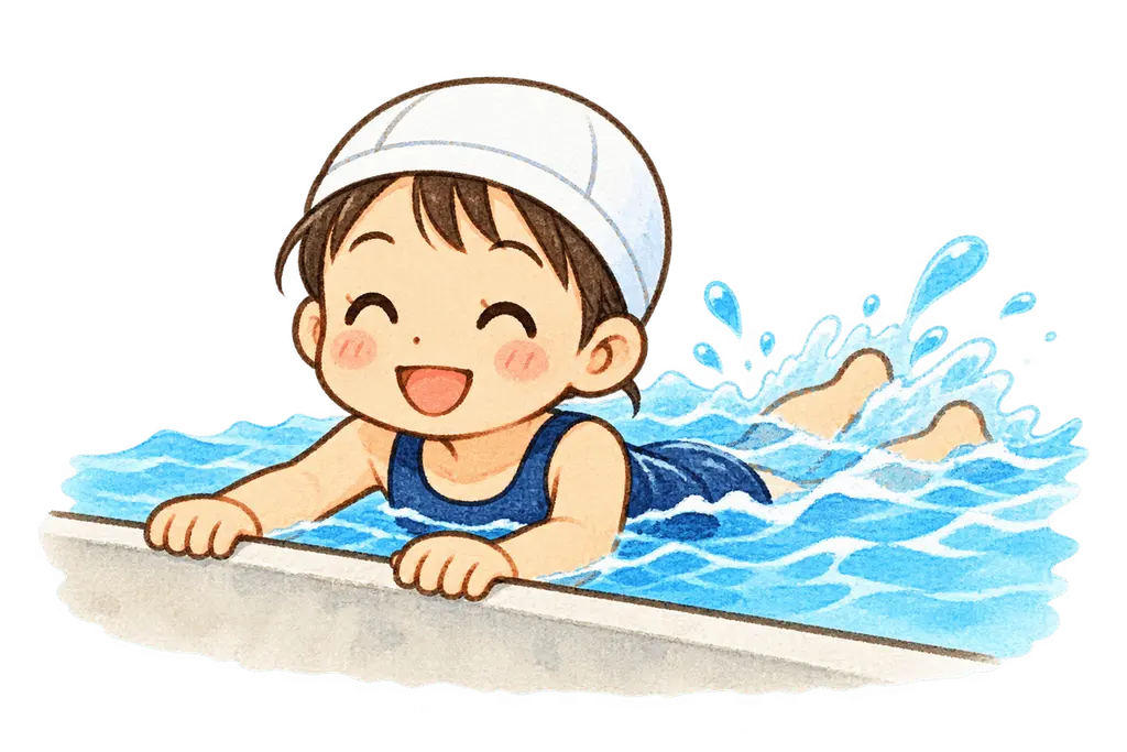 水彩のプールでバタ足。学校だより向けフリー素材