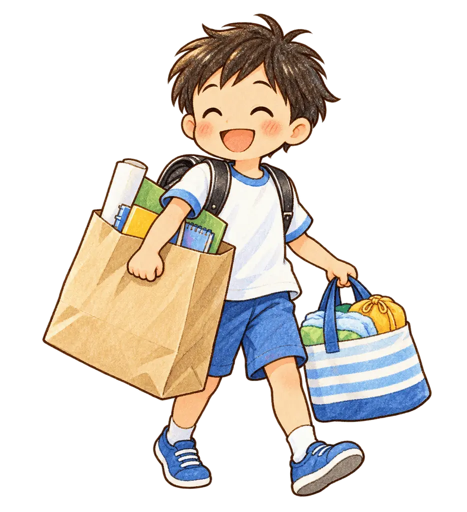 水彩の夏休み前の荷物を持ち帰る児童。学校だより向けフリー素材