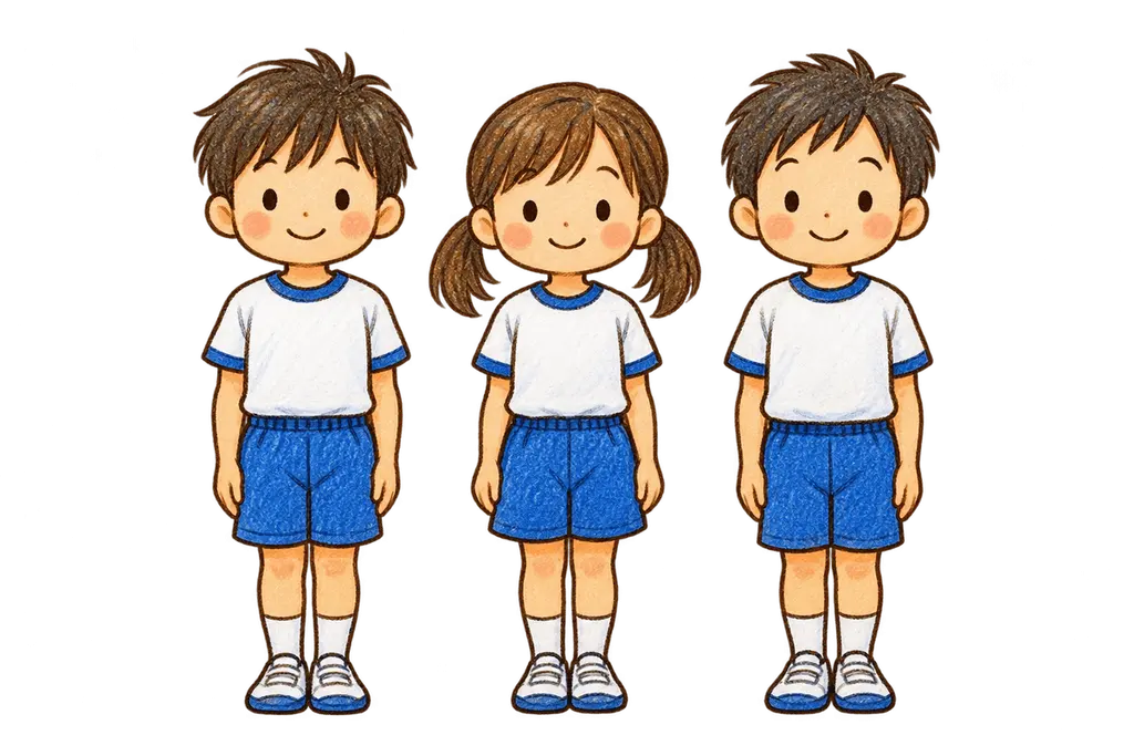 水彩の二学期始業式で整列する児童。学校だより向けフリー素材