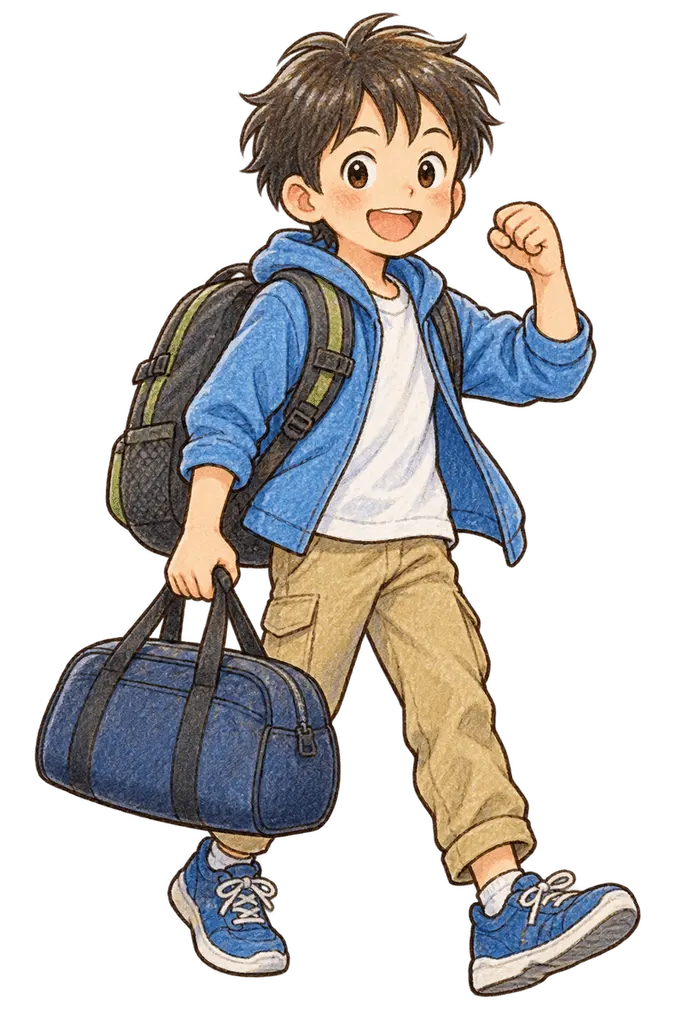 水彩の修学旅行へ出発する高学年。学校だより向けフリー素材
