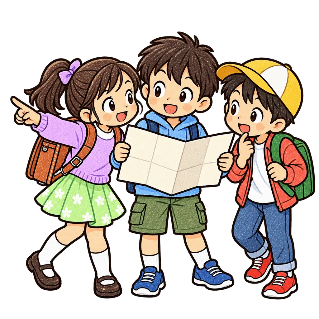 修学旅行の班行動の色鉛筆風イラスト。学校だより向けフリー素材