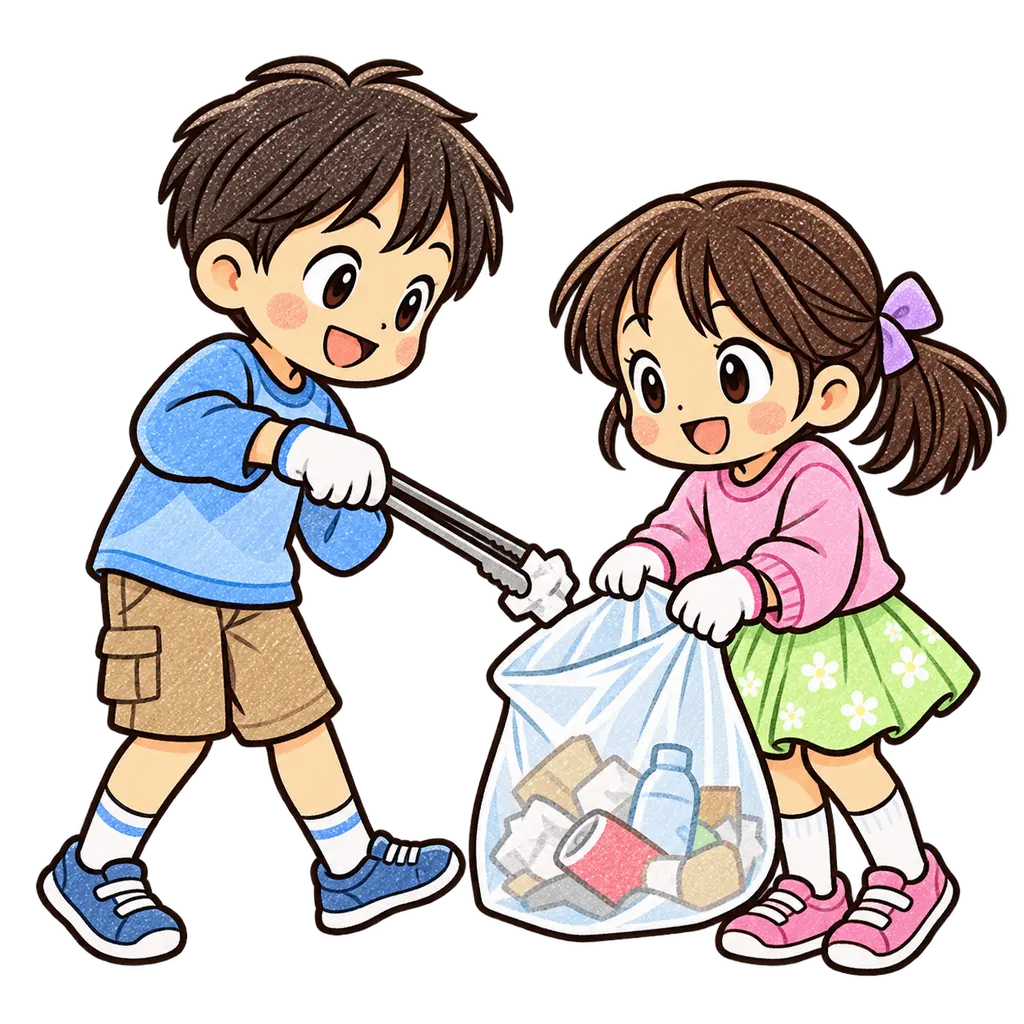 地域清掃の色鉛筆風イラスト。学校だより向けフリー素材