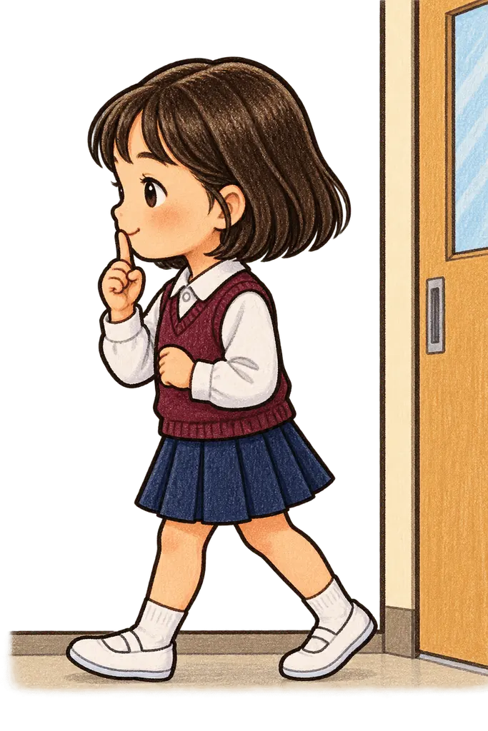 水彩の廊下を静かに歩く児童。学校だより向けフリー素材