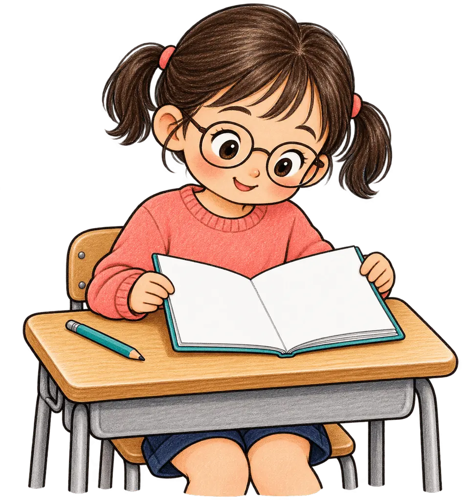 水彩の連絡帳を開く児童。学校だより向けフリー素材