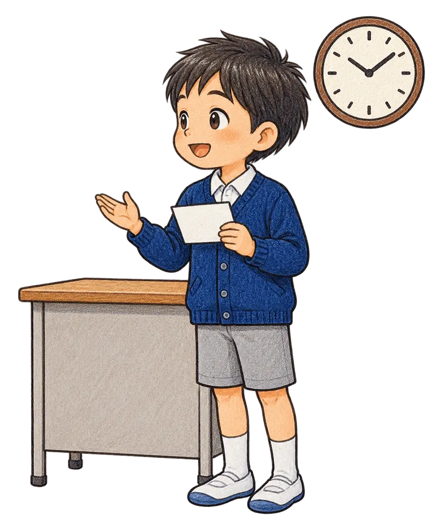 水彩の日直が前で話す児童。学校だより向けフリー素材