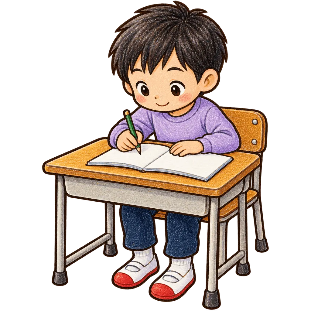 水彩のノートに書く児童。学校だより向けフリー素材