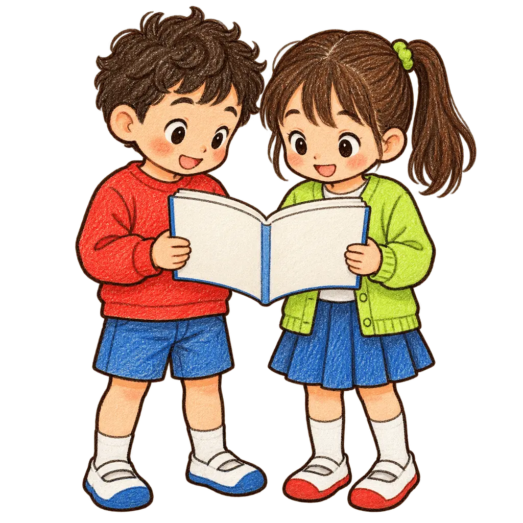 水彩の二人で教科書を見る児童。学校だより向けフリー素材
