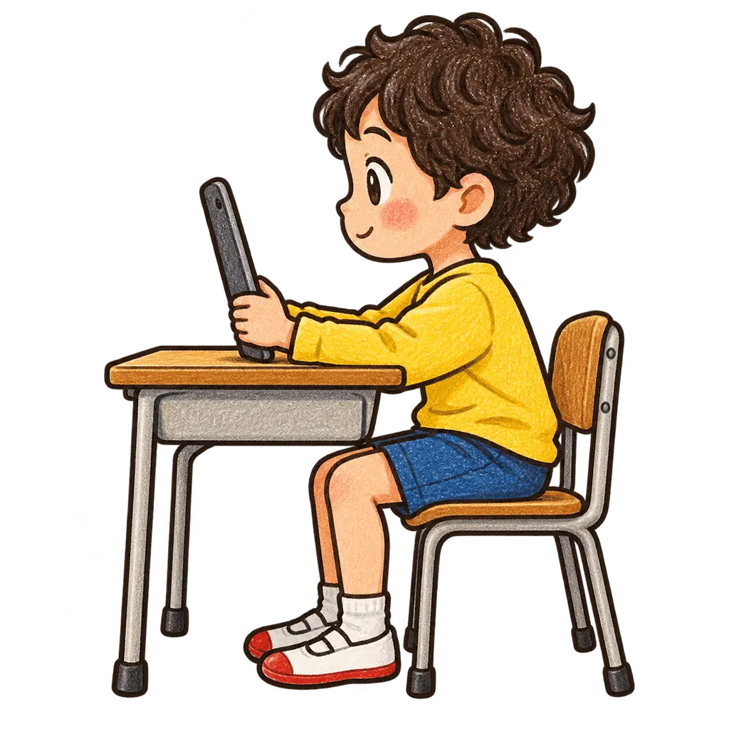 水彩のタブレットを使う児童。学校だより向けフリー素材