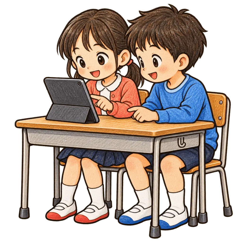 水彩のタブレットを見せ合う二人。学校だより向けフリー素材