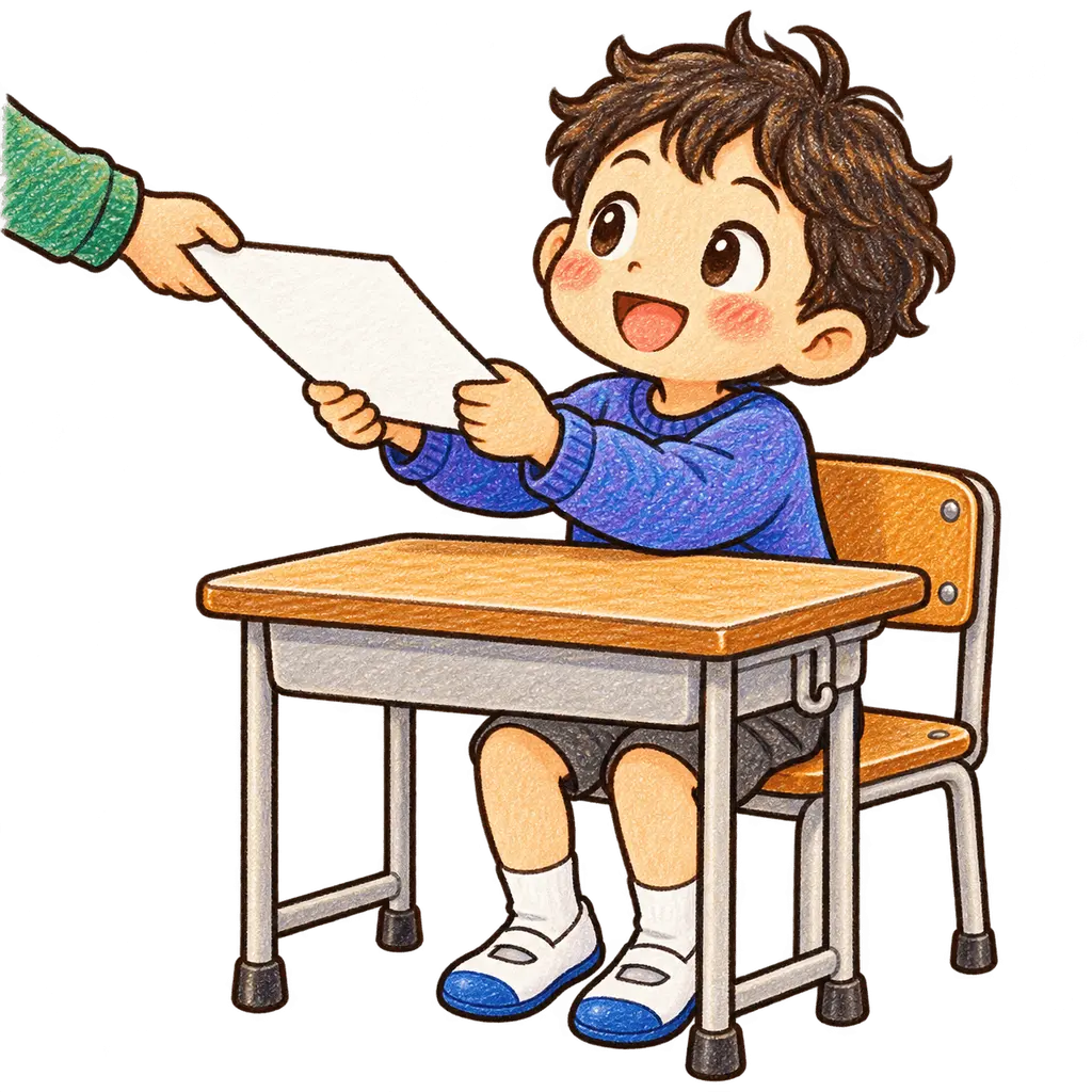 水彩のプリントを受け取る児童。学校だより向けフリー素材