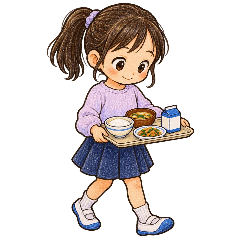 水彩の給食のトレーを運ぶ児童。学校だより向けフリー素材
