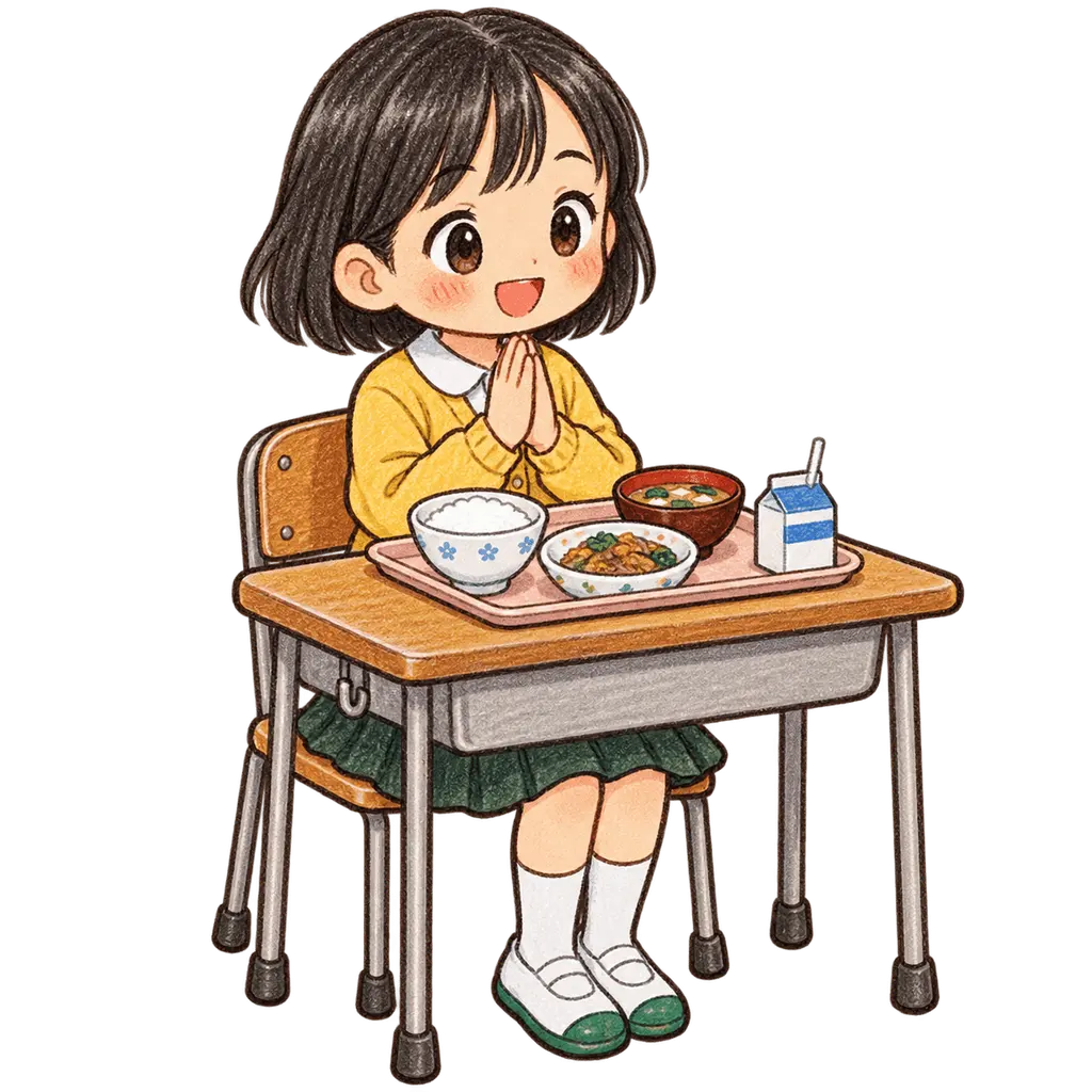 水彩のいただきますをする児童。学校だより向けフリー素材