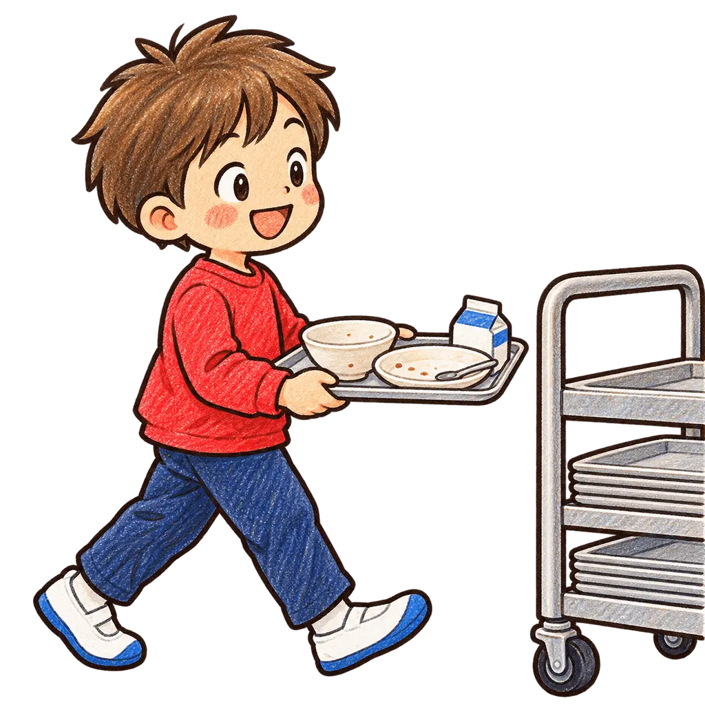 水彩の給食のトレーを返却する児童。学校だより向けフリー素材