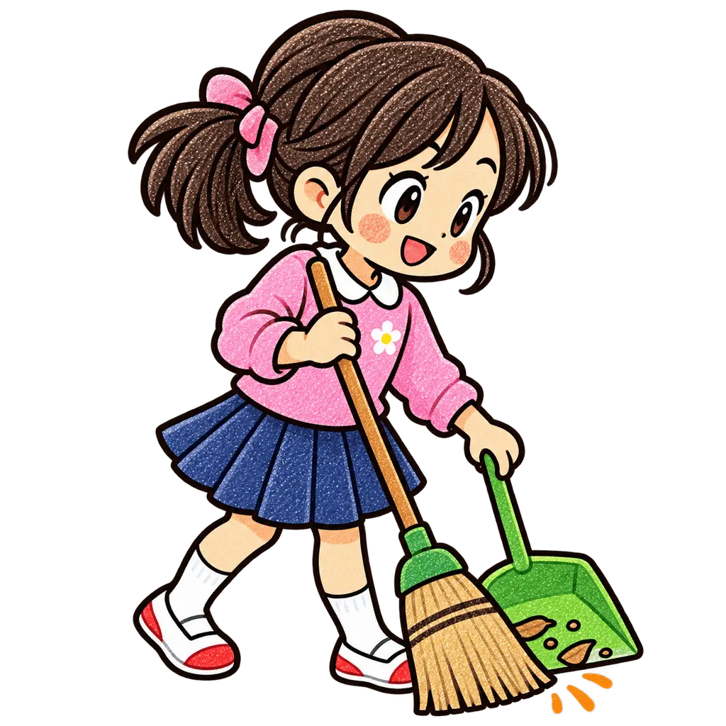 水彩のほうきで掃除する児童。学校だより向けフリー素材