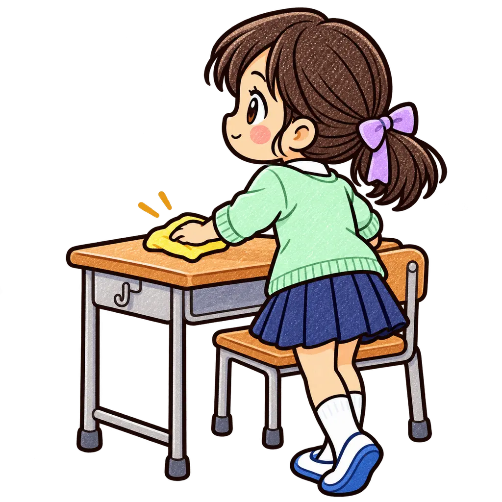 水彩の机を拭く児童。学校だより向けフリー素材