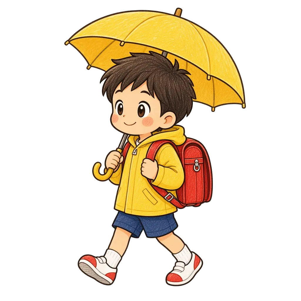 水彩の雨の日に傘で登校する男の子。学校だより向けフリー素材