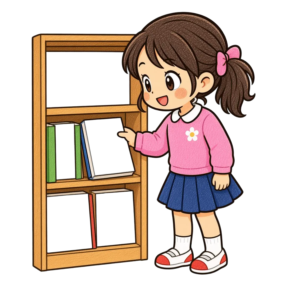 水彩の本を選ぶ女の子。学校だより向けフリー素材