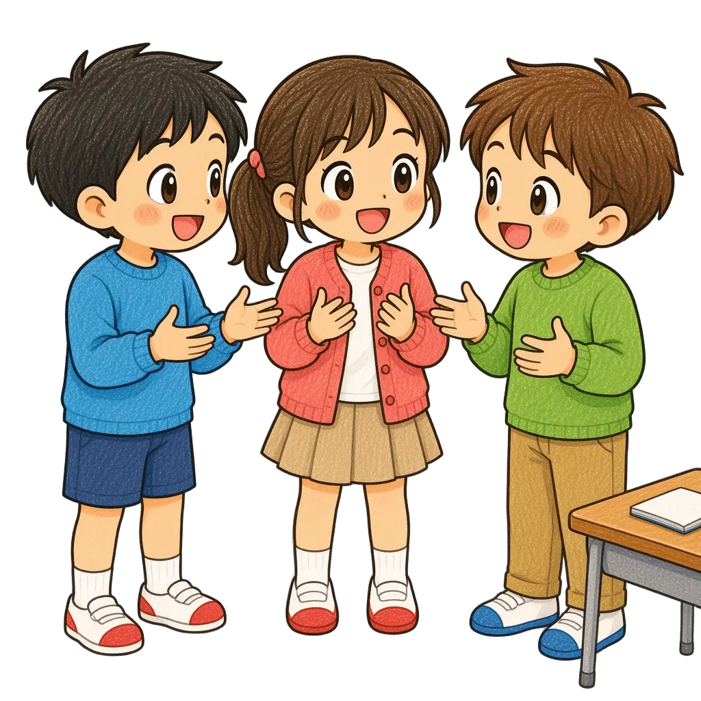水彩の休み時間に話す児童たち。学校だより向けフリー素材